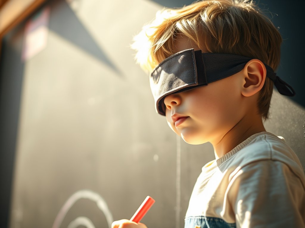 Kid playing blindfolded game indoors safely