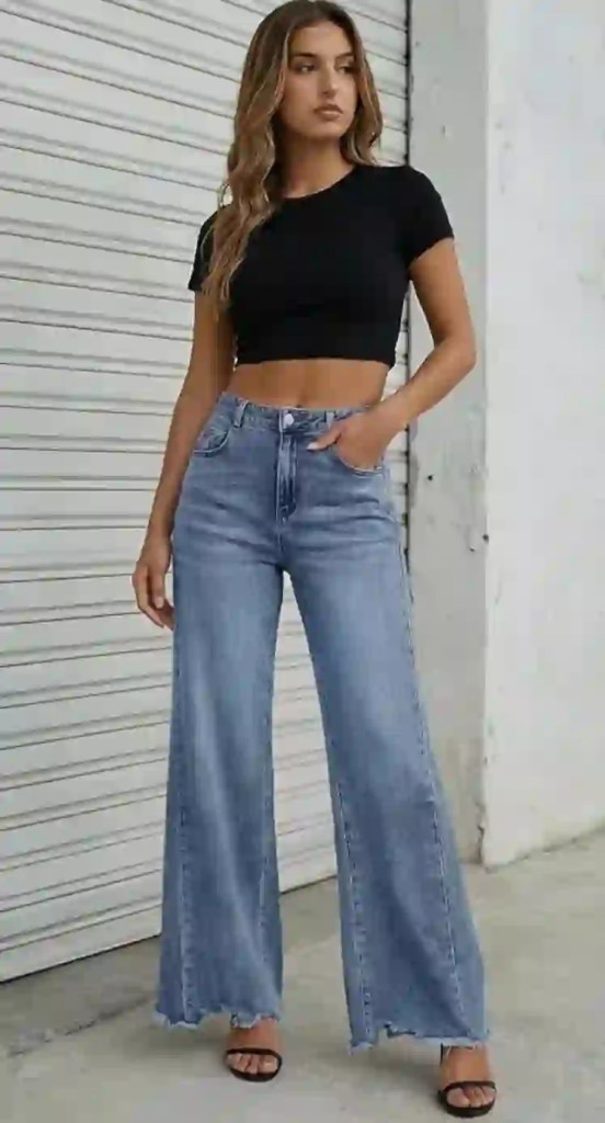 womens wide leg jeans high waisted stretchy straight leg raw hem baggy denim pants casual outfit