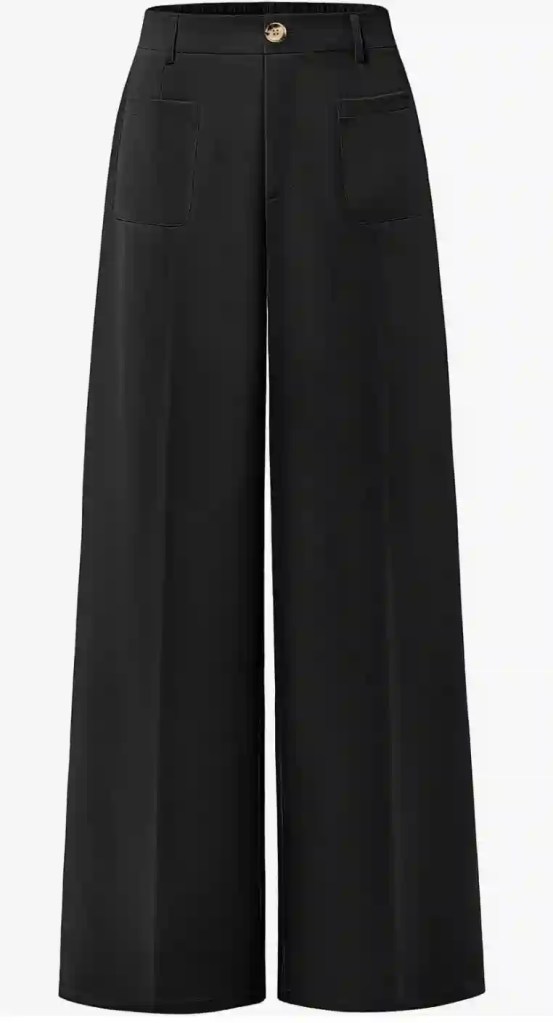 High waisted wide leg palazzo pants styled as a dinner-ready outfit for moms with satin top and elegant casual evening look