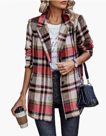 Plaid wool blend shacket styled over a neutral sweater for a casual fall look