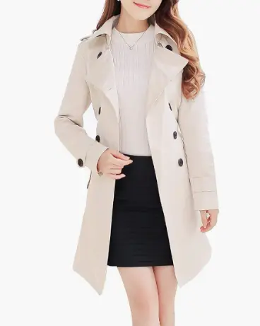 Classic double-breasted trench coat styled over a sweater and jeans for fall