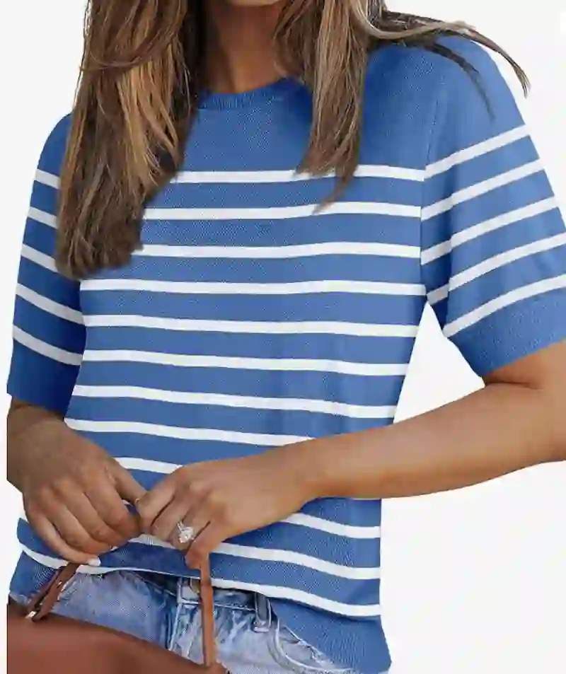 Short sleeve soft knit sweater pullover top for women styled as a dressy casual summer crew neck outfit for millennial mom everyday fashion