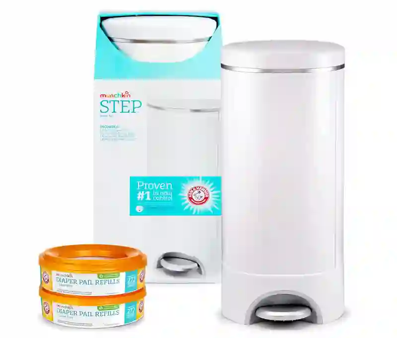 best diaper pail 2026 Munchkin Step Diaper Pail Bundle with refill rings bags and baking soda puck for odor control