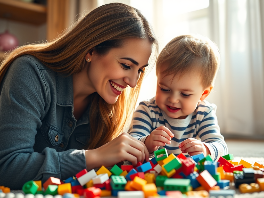 Mother helping her kid clean up Legos scattered across the floor after playtime.