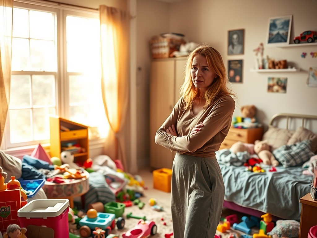 Mom looking at a messy kids’ room filled with toys and clutter