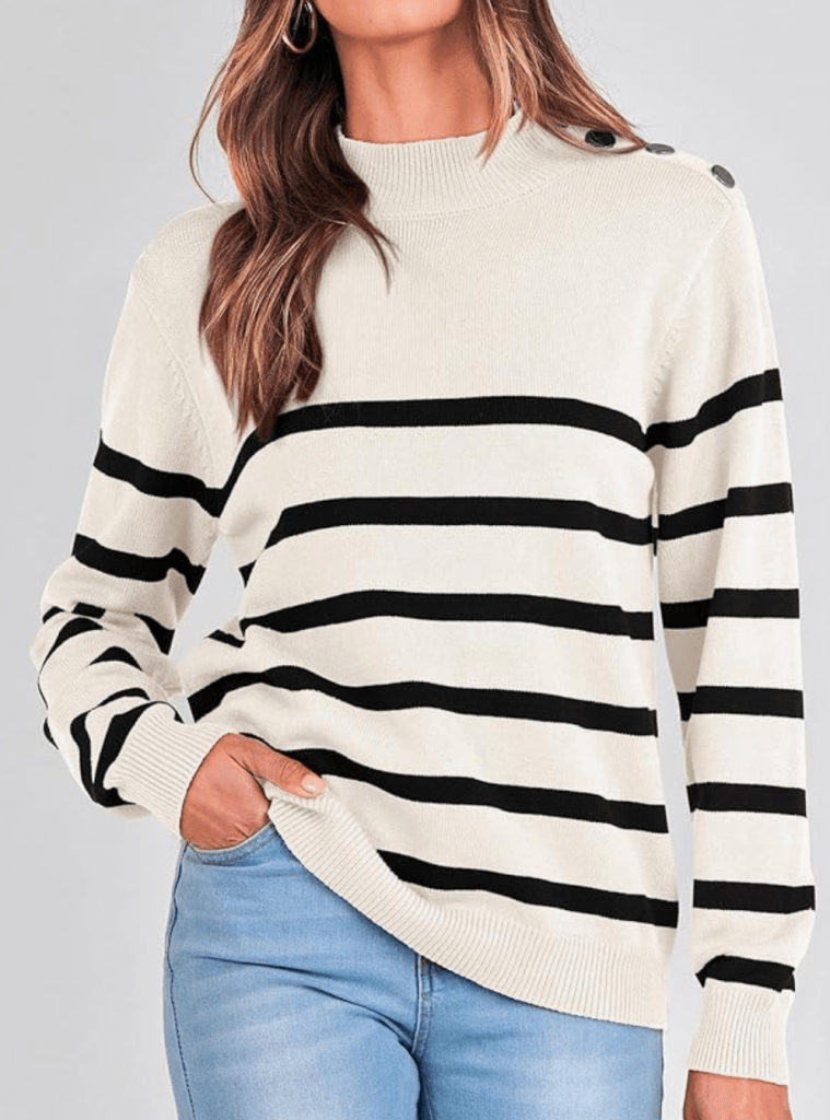 Women's 2025 Fall Winter Long Sleeve Knit Sweater Turtleneck Striped Loose Pullover Tops Deco with Metal Buttons