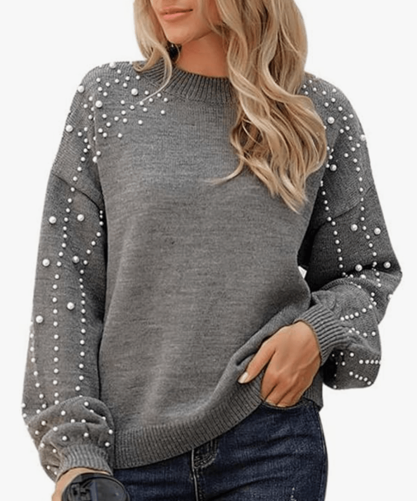 Women's Chunky Sweater Crewneck Sweatshirt Knit Lantern Sleeve Oversized Pullover Sweater with Pearls