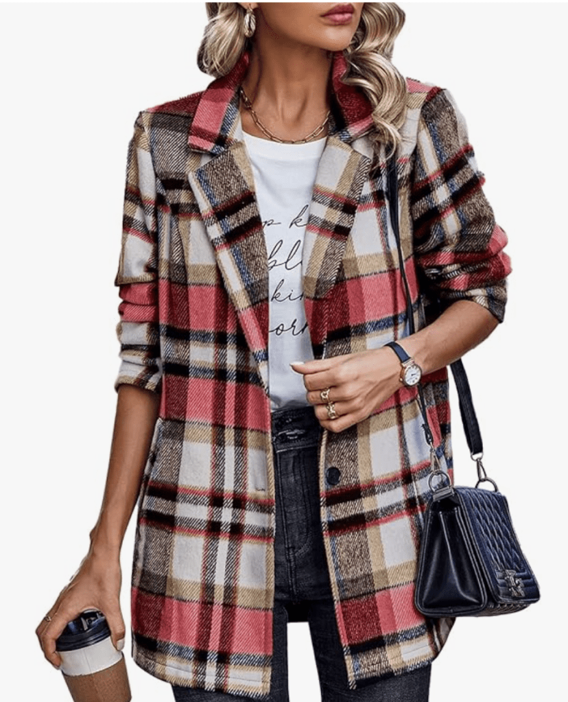 Women Plaid Shacket Jacket Trendy Fall Casual Button Wool Blend Tartan Trench Coat Winter Clothing with Pockets