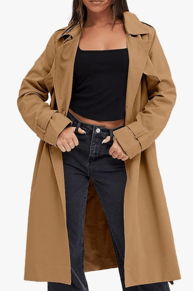Women's Double Breasted Trench Coats Causal Windproof Long Lapel Pocketed Overcoat with Belt