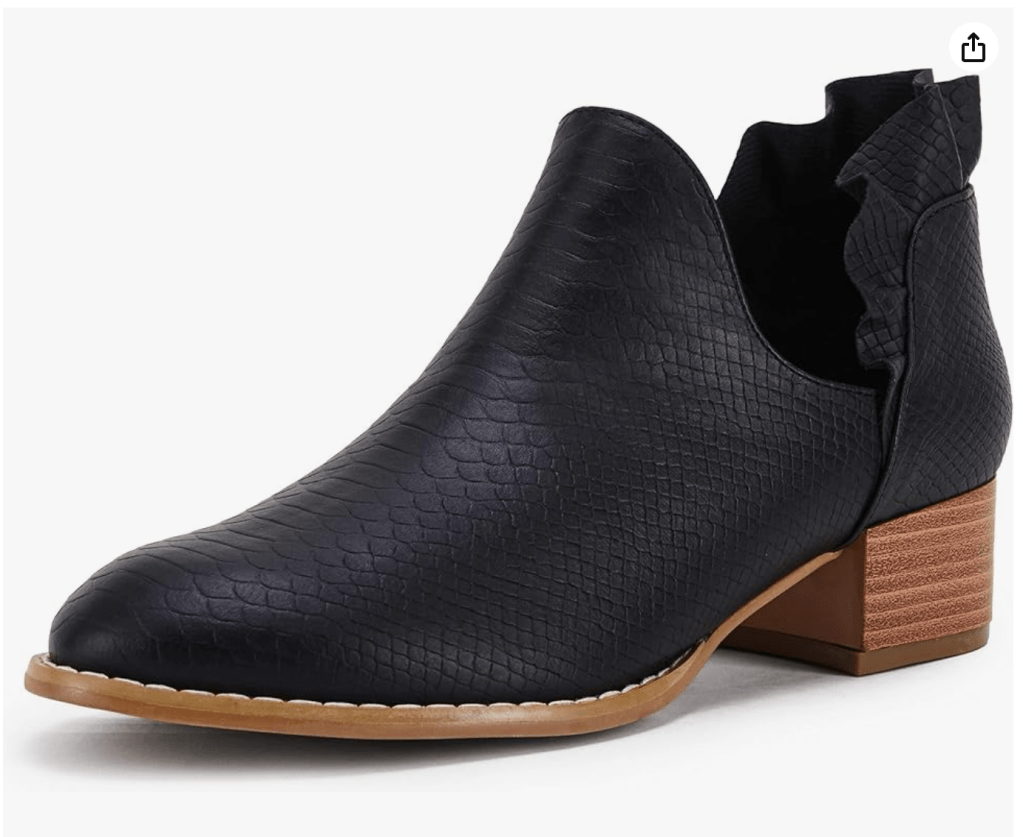 Womens Ruffled Ankle Boots V Cut Out Pointed Toe Chunky Low Heel Dressy Western Booties