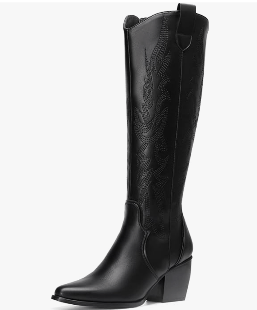 Womens Cowboy Boots Wide Calf Comfortable Pull On Zipper Chunky Heel Pointed Toe Embroidered Western Cowgirl Knee High Boots Girls Ladies Retro Tall Boot