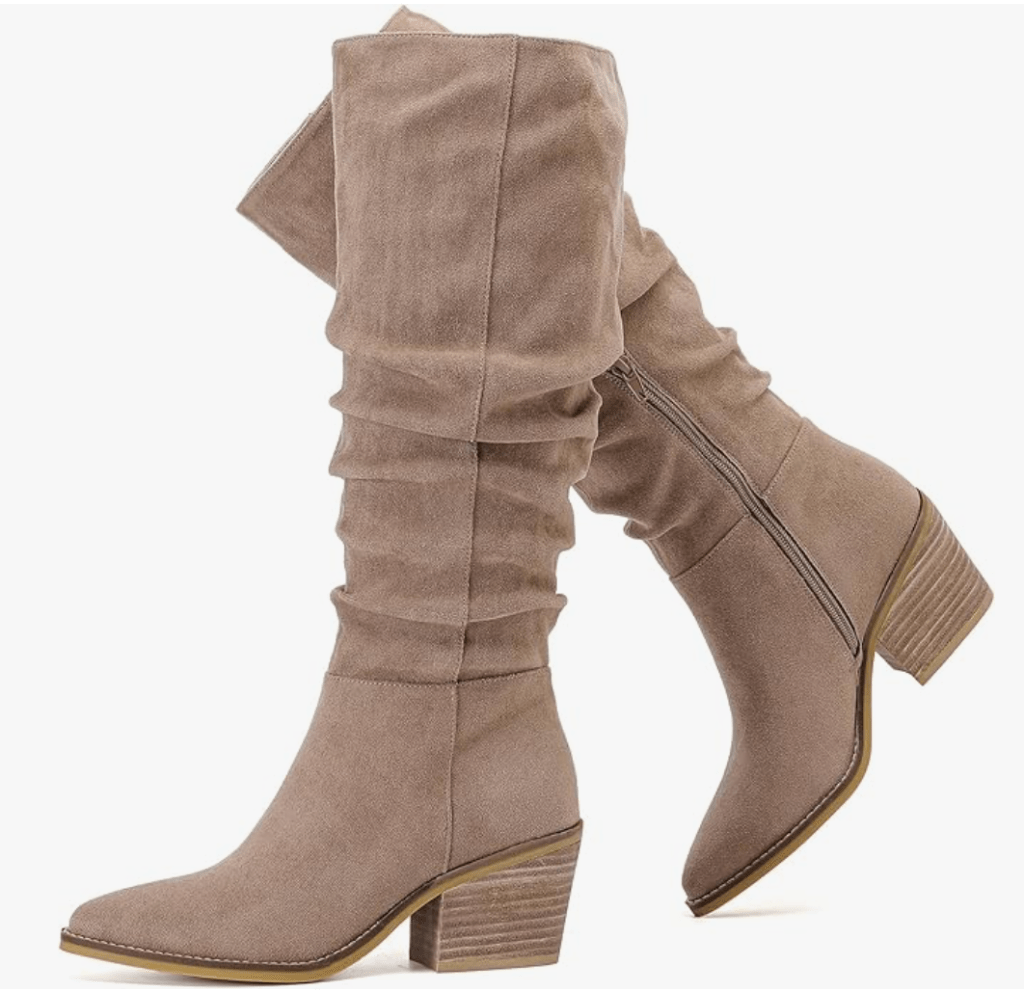 Women's Knee High Boots, Wide Calf Chunky Block Low Heel and Slouchy Pointed Toe Winter Long Boots for Women.
