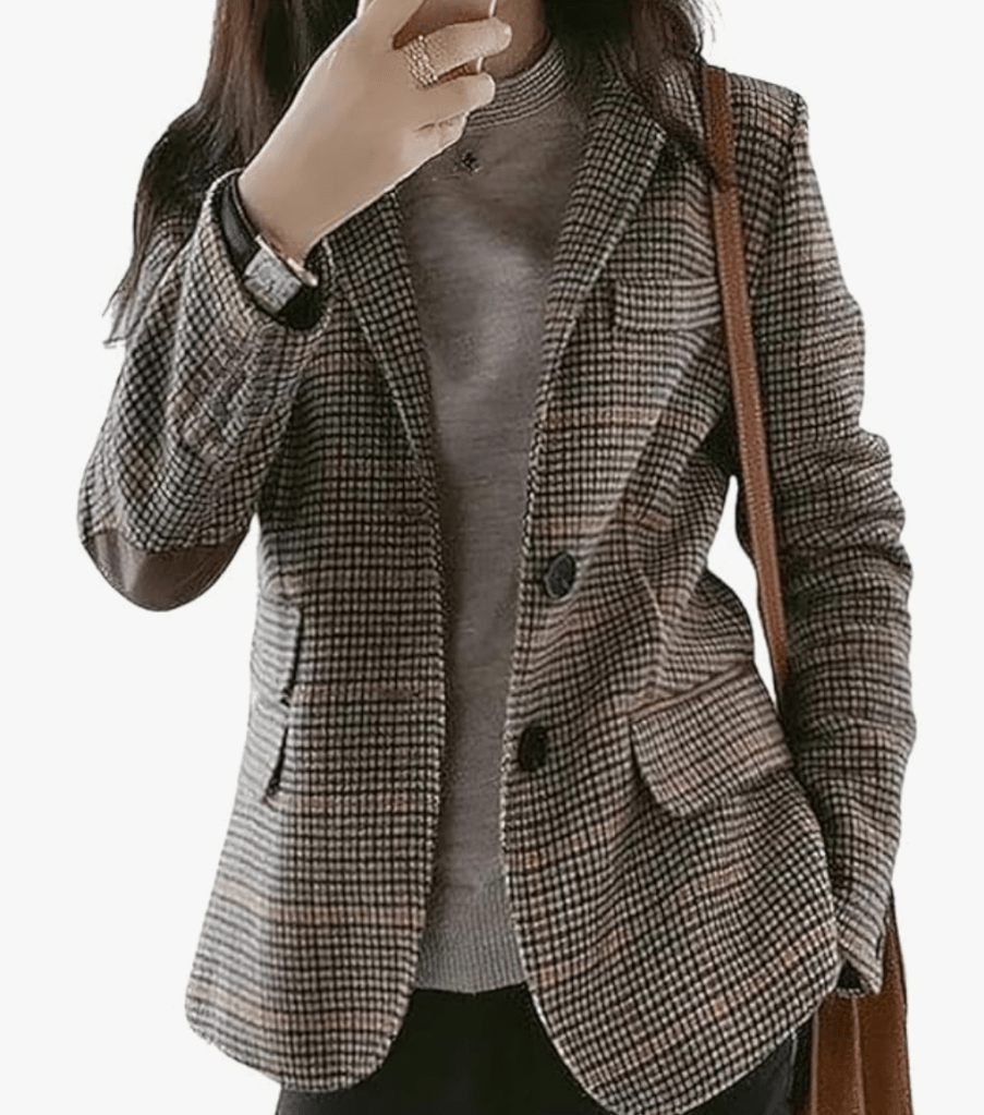 Womens Vintage Nothced Lapel Single Breasted Boyfriend Blazer Suits Houndstooth Plaid Jacket Coat with Patched Elbow