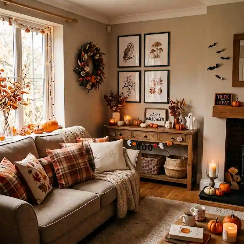 Cozy living room decorated with autumn leaves, pumpkins, and Halloween accents