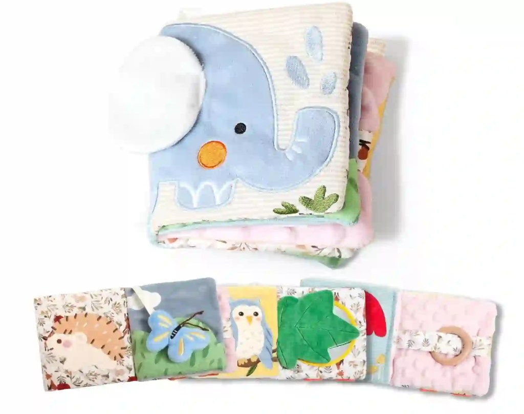 Soft elephant baby cloth book with crinkle textures and mirror for sensory tummy time and early development