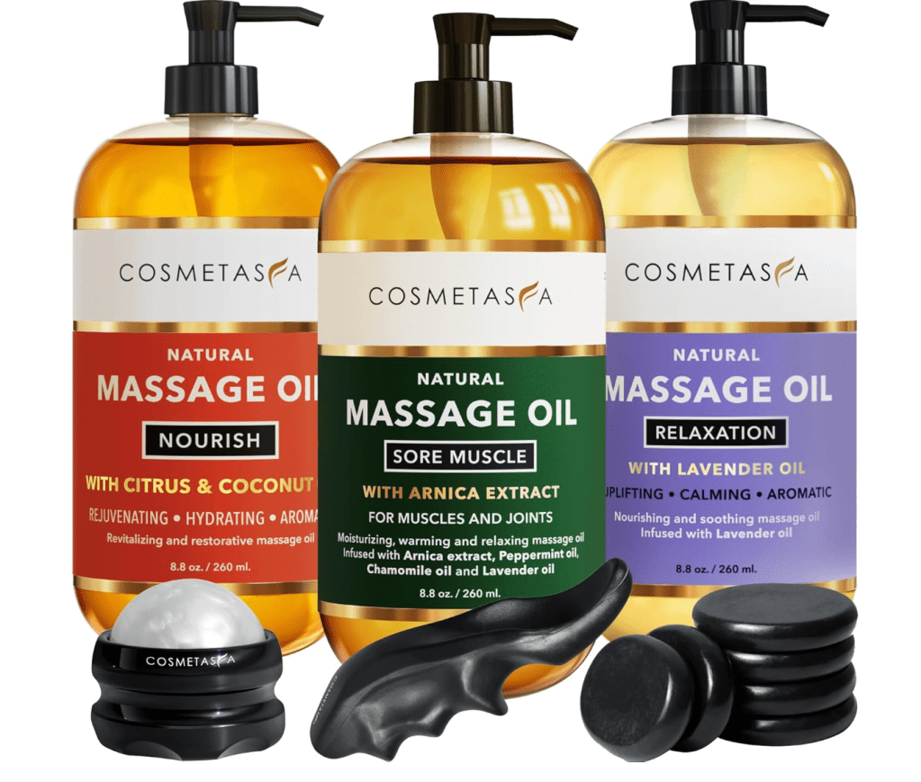 Relaxation Lavender Massage Oil, Citrus Coconut Oil, Arnica Sore Muscle Massage Oil with Hot Stones, Roller Ball and Thumb Saver Massage Tools
