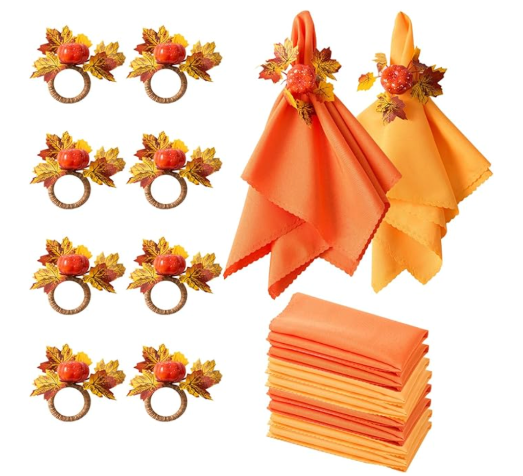 Fall Napkins, Fall Napkins Set of 16, Thanksgiving Napkin Rings Set of 8 PCS