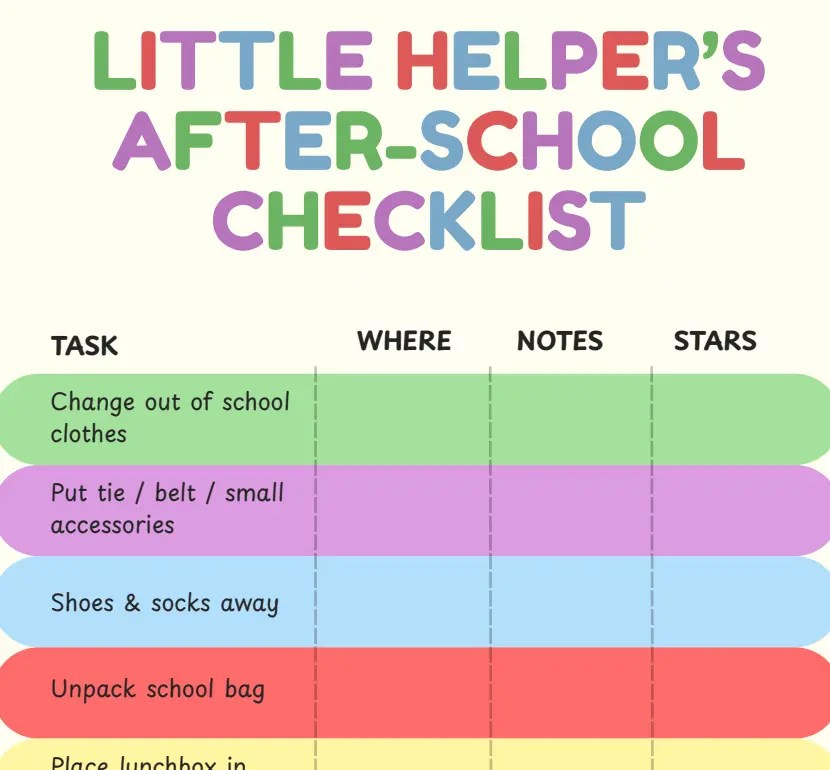 Little helpers after-school checklist with tasks to complete immediately after returning home from school and rewarding methods