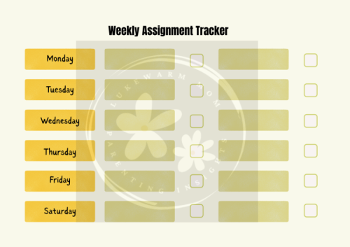 Preview of free weekly planner (watermarked) for kids with Monday–Sunday boxes to track homework and activities
