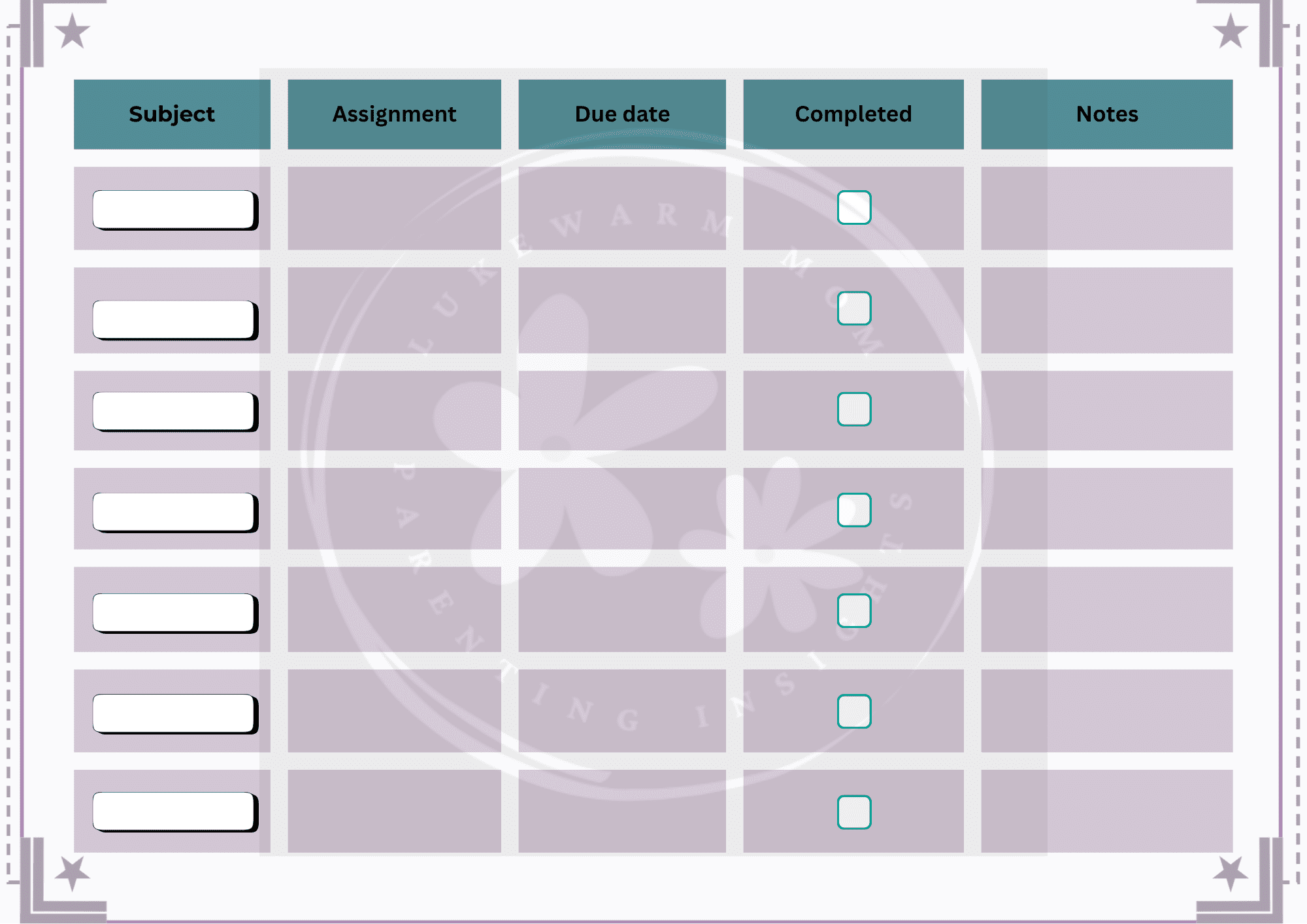 Printable homework tracker sheet for children to organize school assignments