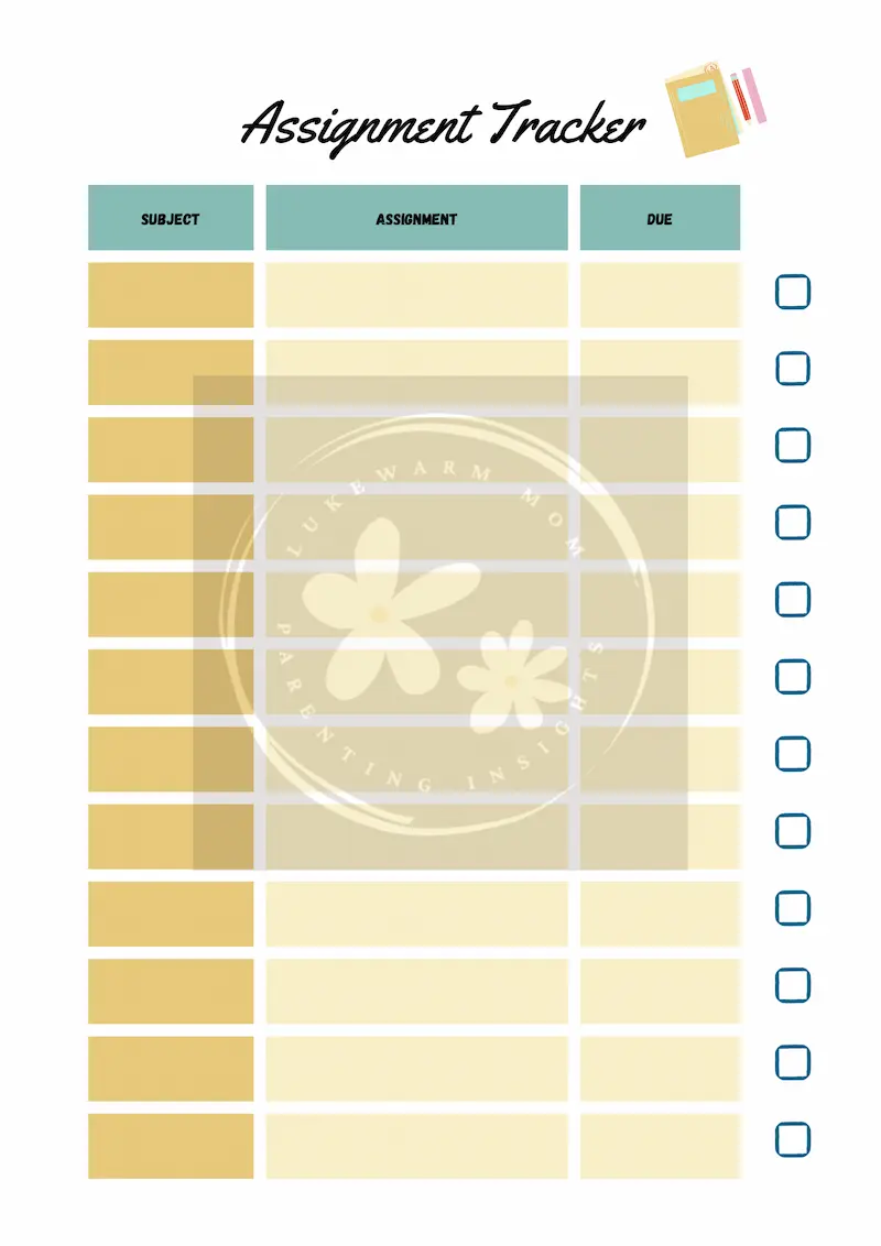 Kids homework tracker worksheet with weekly planning and task checklist