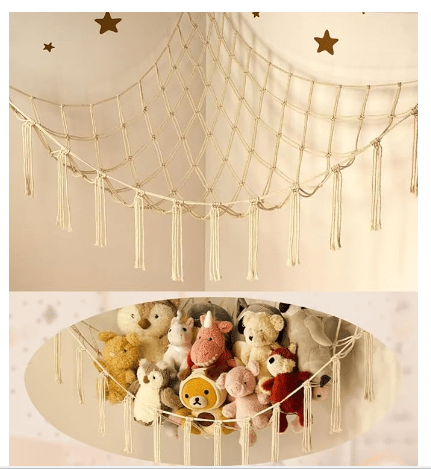 One of my favourite toy storage idea, the net corner that stores all the stuffed toys.