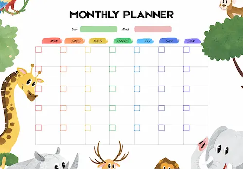 Cute zoo animal themed undated monthly planner printable for kids with a fun calendar layout