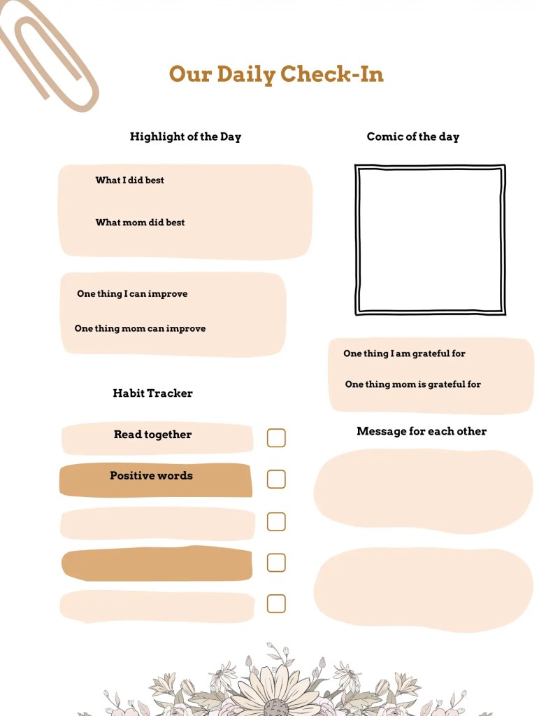 Printable daily reflection journal page with sections for highlights, improvements, gratitude, habit tracking, and doodle space for parent and child.