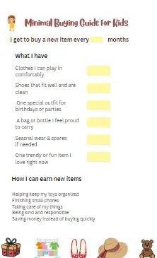 Kid-friendly “Good Enough” checklist showing simple clothing and belongings kids need to feel included without buying too much