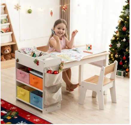 Kids Art Table and Chair - Toddler Craft Table and Chairs Set with 2 Chair & Bin