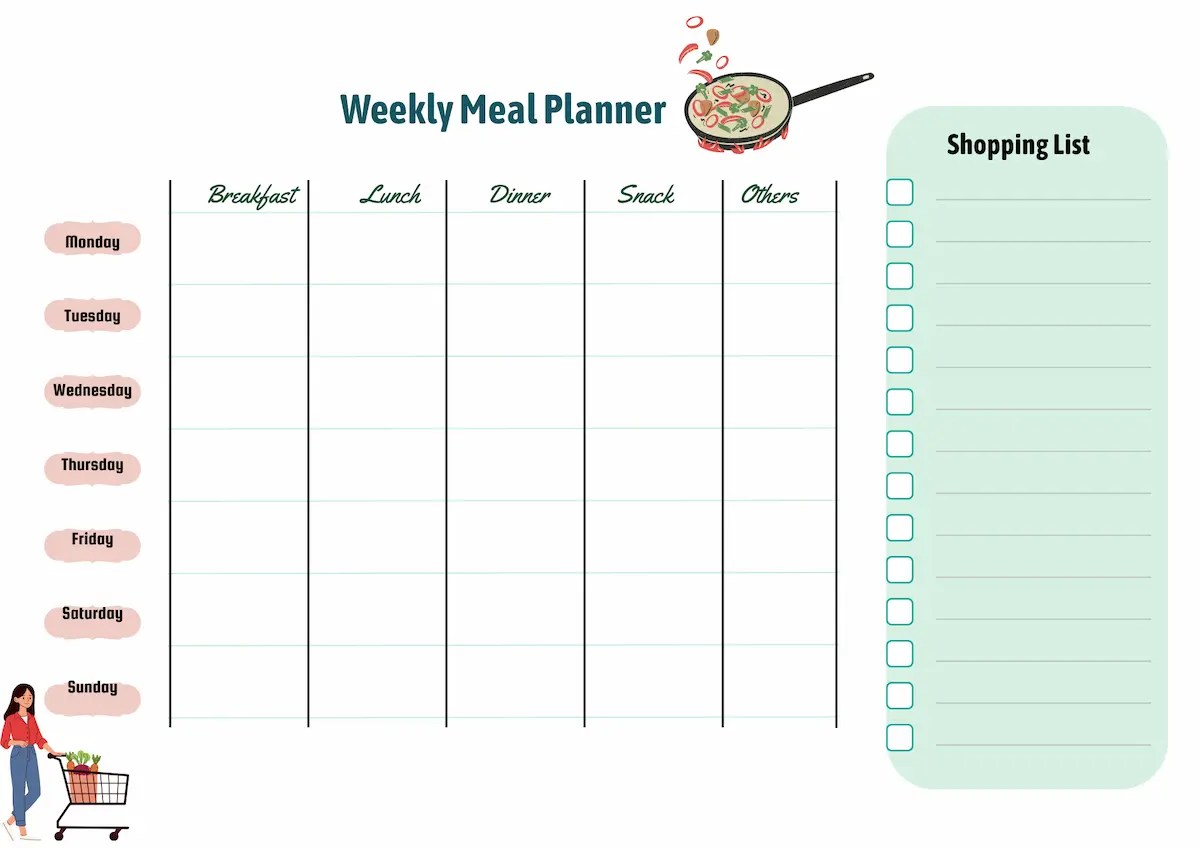 Printable weekly meal planner with shopping list for busy moms. Plan meals, organize groceries, and include kids’ snacks for stress-free weekly planning.