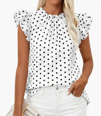 Flowy women’s ruffle short sleeve top with floral trim and chiffon fabric, perfect for casual or dressy summer looks