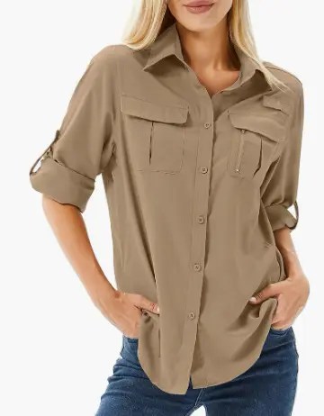 Women’s long sleeve UPF 50 sun protection shirt, ideal for safari, fishing, and hiking