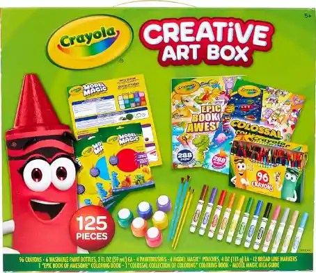 Crayola 125 piece kids art set with washable paints markers and coloring books for ages 5 and up