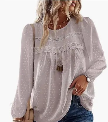 Flowy women’s long sleeve boho top with crewneck and lace hem, perfect for casual or dressy wear