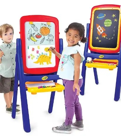 Crayola Qwikflip 2 sided kids easel with magnetic whiteboard chalkboard paper roll and letters