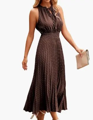 Sleeveless A-line midi summer dress with V-neck and Swiss dot ruffles, perfect for casual beach outings