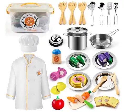 pretend play kitchen set with stainless steel cookware wooden food and chef costume for toddlers ages 3 to 5
