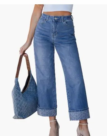 Trendy women’s high-waist wide-leg cropped jeans with printed fold hem and stretchy denim
