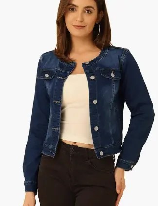 Collarless women’s denim jacket with round neck, long sleeves, and button-down front