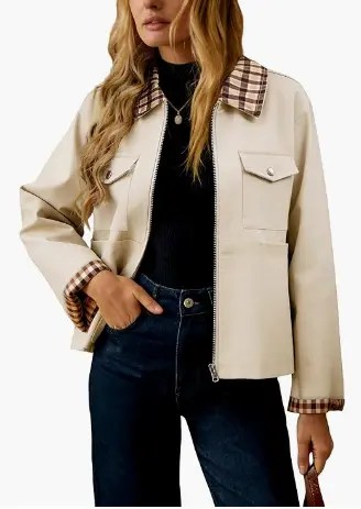 Women’s plaid long sleeve barn jacket with zip-up front and pockets, perfect for spring casual outfits