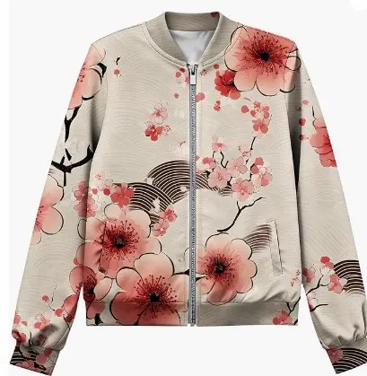 Women’s lightweight floral bomber jacket with long sleeves and zip-up front, perfect for casual spring layering