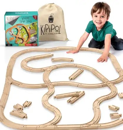 wooden toy train set for toddlers with tracks and colorful train cars