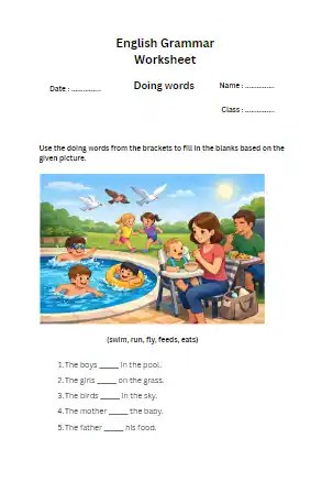 Grade 1 Doing Words Worksheet – Fill in the Blanks (Picture-Based Activity)