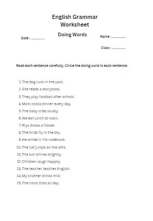 Grade 1 Doing Words Worksheet – Circle the Action Words (Free PDF)