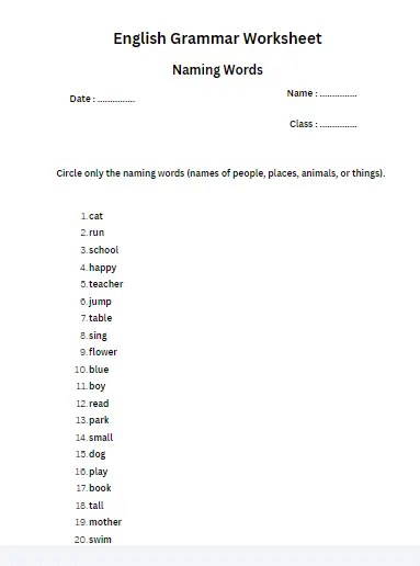Grade 1 naming words worksheet where students circle the nouns from a word list