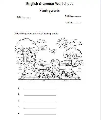 Grade 1 naming words worksheet with picture activity to write nouns