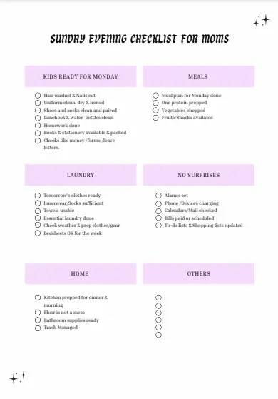 Sunday Evening Checklist For Moms-printable PDF