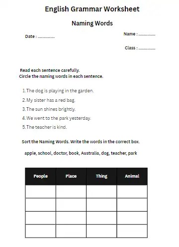 Grade 1 naming words worksheet where students circle the nouns from a word list