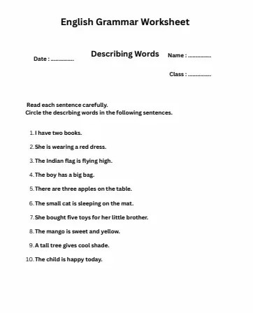 Grade 1 describing words worksheet with circle questions